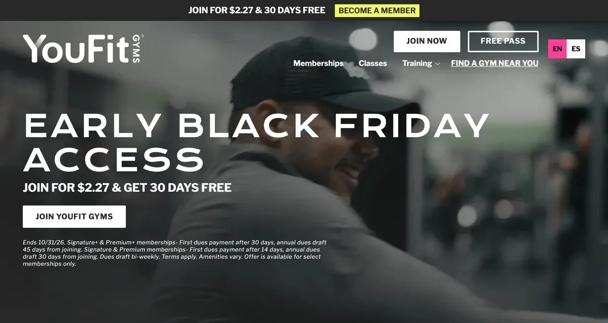 YouFit Gyms homepage with an early Black Friday offer to join for $2.27 and get 30 days free