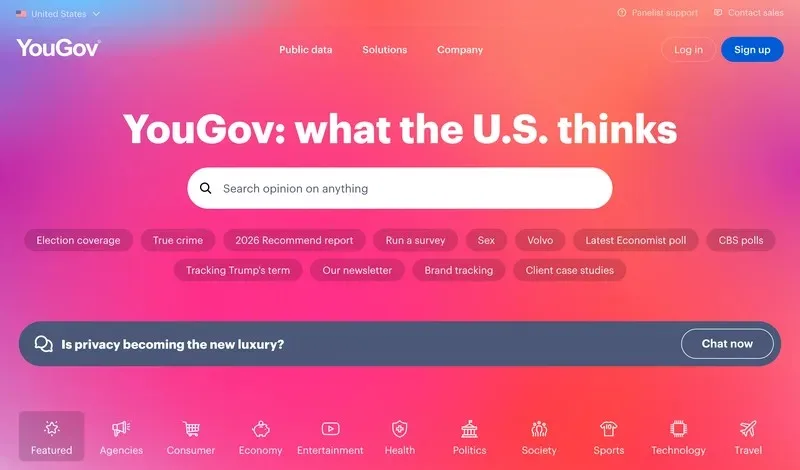YouGov's US homepage with its opinion search box and poll topics