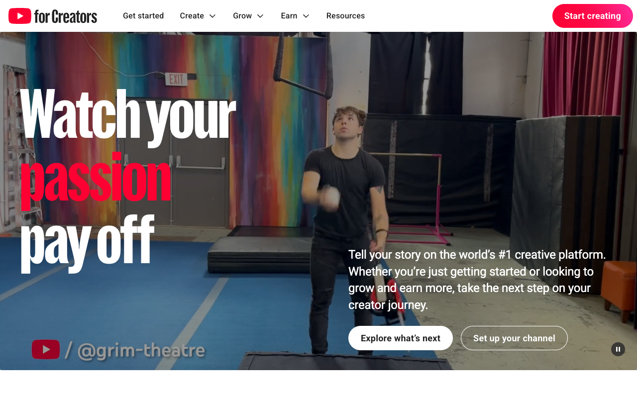 YouTube for Creators page explaining how channels earn money