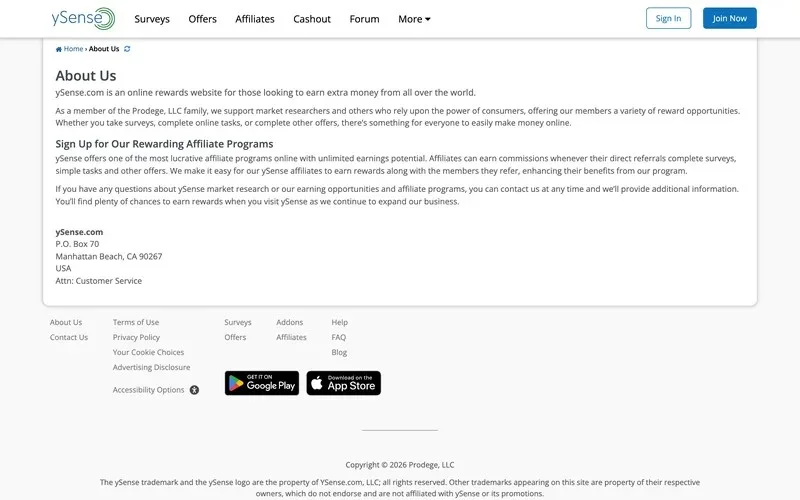 ySense About page describing its rewards site